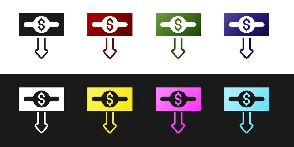 Set Dollar rate decrease icon isolated on black and white background. Cost 库存插图