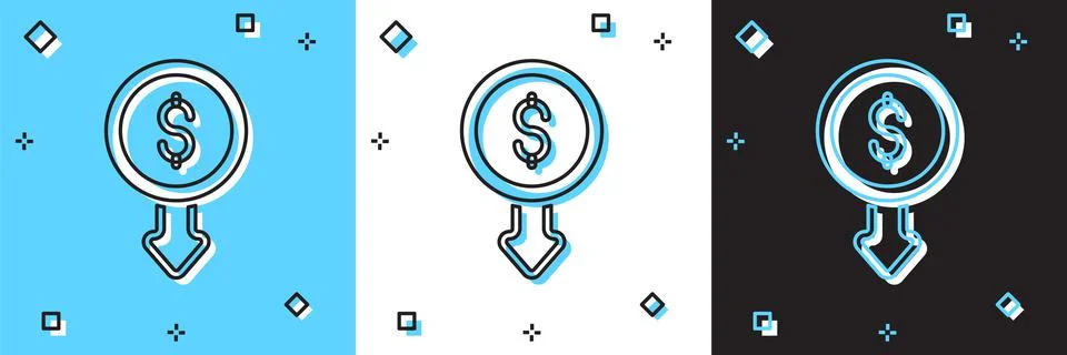 Set Dollar rate decrease icon isolated on blue and white, black background. Cost 库存插图