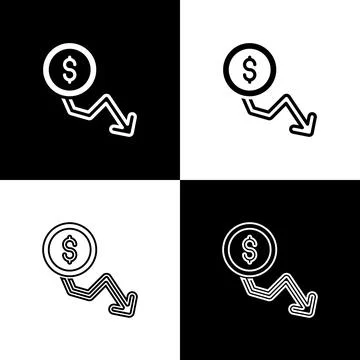 Set Dollar rate decrease icon isolated on black and white background. Cost Illustrazione stock