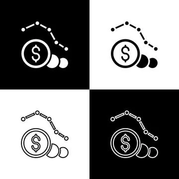 Set Dollar rate decrease icon isolated on black and white background. Cost Illustrazione stock