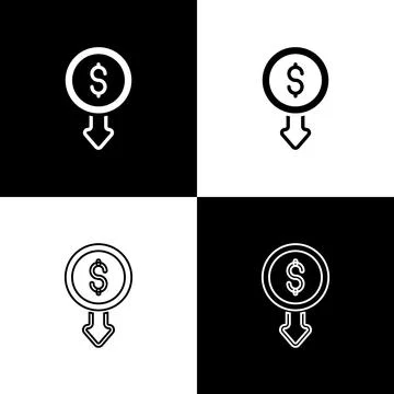 Set Dollar rate decrease icon isolated on black and white background. Cost 库存插图