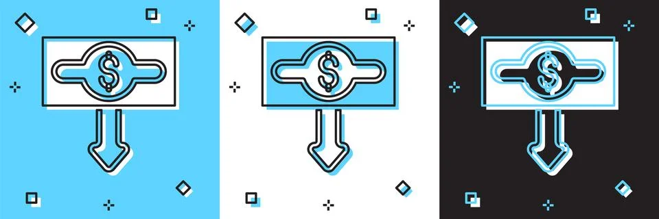 Set Dollar rate decrease icon isolated on blue and white, black background. Cost 库存插图