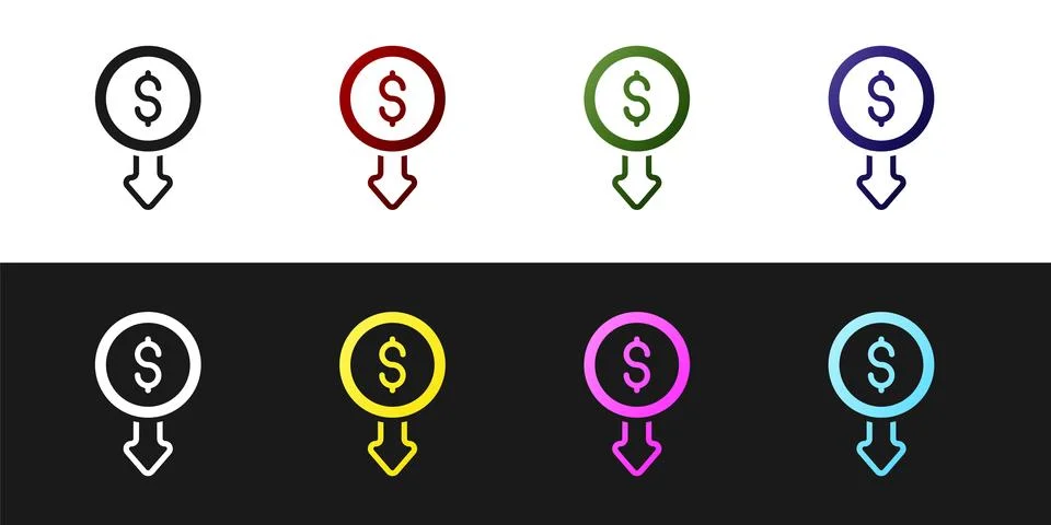 Set Dollar rate decrease icon isolated on black and white background. Cost Stock Illustration