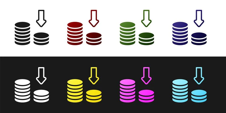 Set Dollar rate decrease icon isolated on black and white background. Cost .. Stock Illustration