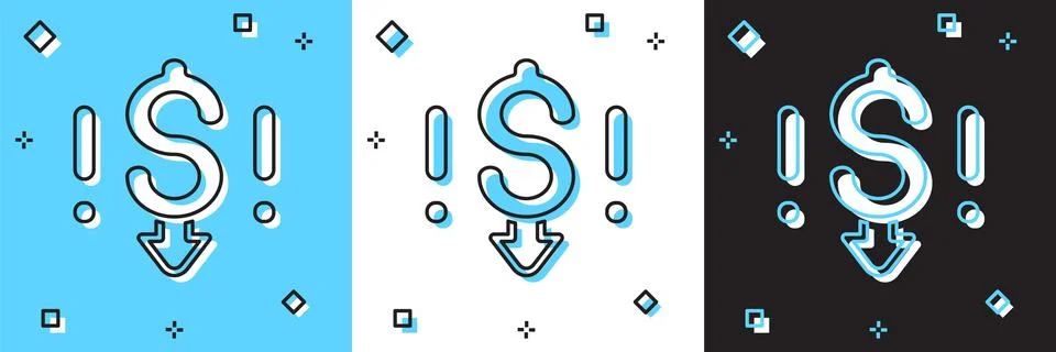 Set Dollar rate decrease icon isolated on blue and white, black background... Stock Illustration