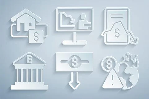 Set Dollar rate decrease, Mobile stock trading, Bank building, Global economic 库存插图