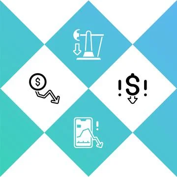 Set Dollar rate decrease, Mobile stock trading, Drop crude oil price and icon Illustrazione stock