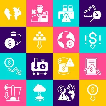 Set Dollar rate decrease, Mobile stock trading, Shutdown of factory, Gold b.. Illustrazione stock