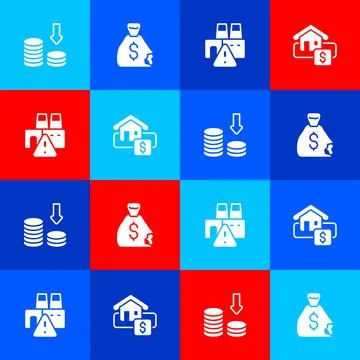 Set Dollar rate decrease, Money bag, Shutdown of factory and Hanging sign with Stock Illustration