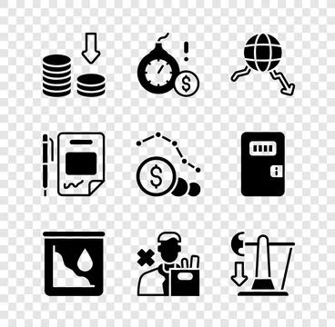 Set Dollar rate decrease, Money bomb dollar crisis, Global economic, Drop in Illustrazione stock