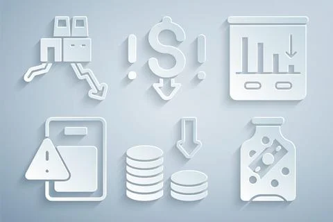 Set Dollar rate decrease, Pie chart infographic, Global economic crisis, Glass Illustrazione stock