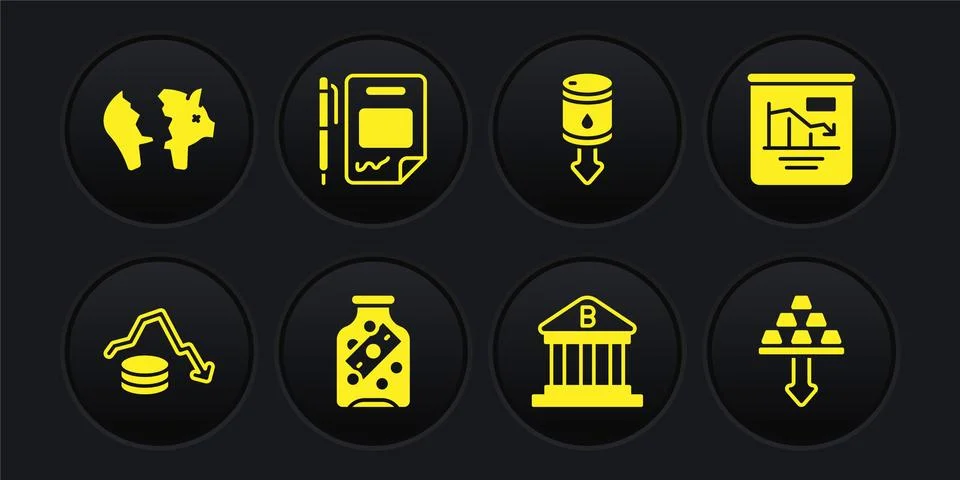 Set Dollar rate decrease, Pie chart infographic, Glass money jar with coin, Bank 库存插图