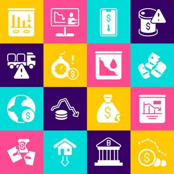 Set Dollar rate decrease, Pie chart infographic, Credit card, Mobile stock Stock Illustration