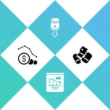 Set Dollar rate decrease, Pie chart infographic, Drop crude oil price and Credit Stock Illustration