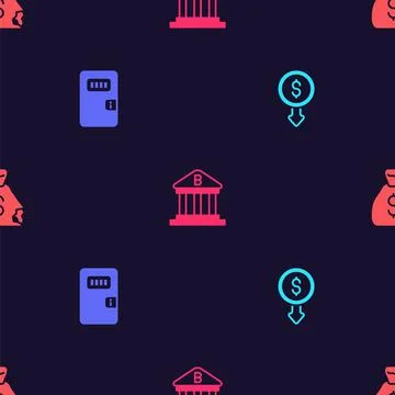 Set Dollar rate decrease, Prison cell door, Bank building and Money bag on Stock Illustration