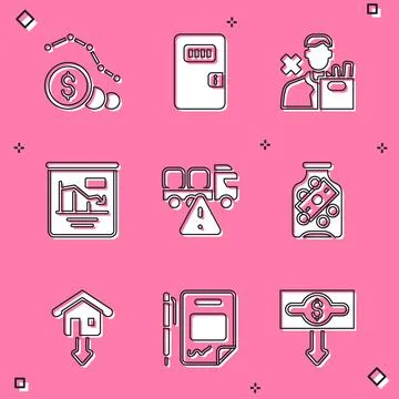 Set Dollar rate decrease, Prison cell door, Employee dismissal, Pie chart Stock Illustration