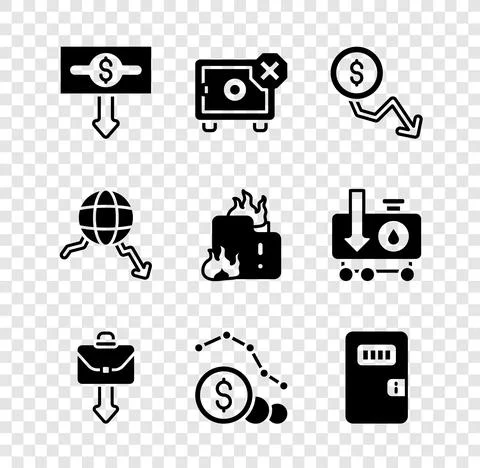 Set Dollar rate decrease, Safe, Briefcase, Prison cell door, Global economic Stock Illustration
