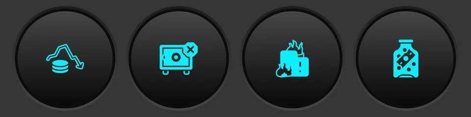 Set Dollar rate decrease, Safe, Fire in burning house and Glass money jar with Stock Illustration