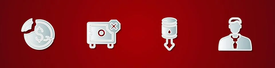 Set Dollar rate decrease, Safe, Drop in crude oil price and Worker icon. Vector 库存插图