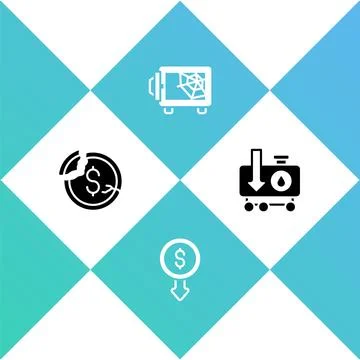 Set Dollar rate decrease, , Safe and Drop in crude oil price icon. Vector 库存插图