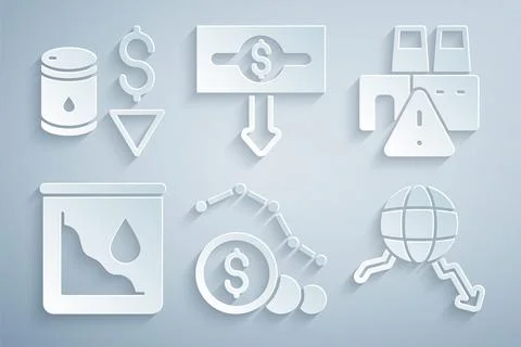 Set Dollar rate decrease, Shutdown of factory, Drop in crude oil price, Global Illustrazione stock