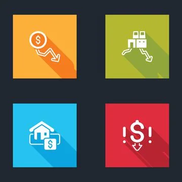 Set Dollar rate decrease, Shutdown of factory, Hanging sign with Sale and icon Stock Illustration