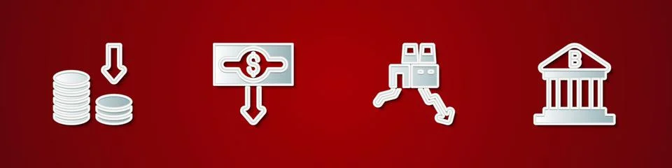 Set Dollar rate decrease, , Shutdown of factory and Bank building icon. Vector Stock Illustration