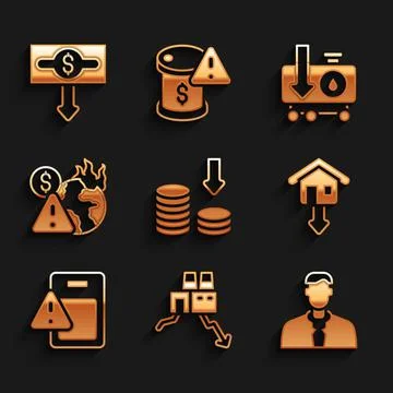 Set Dollar rate decrease, Shutdown of factory, Worker, Falling property prices Stock Illustration