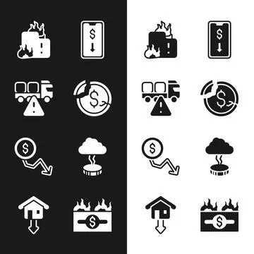 Set Dollar rate decrease, Stop delivery cargo truck, Fire in burning house Stock Illustration