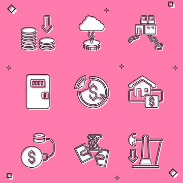 Set Dollar rate decrease, Storm, Shutdown of factory, Prison cell door, Hanging 库存插图