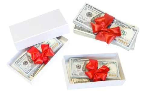 Set of dollar with red bow Isolated on white background Stock Photos