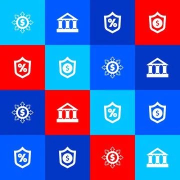Set Dollar, share, network, Bank building, Loan percent and Shield with dollar Ilustración de archivo