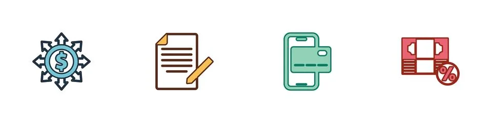 Set Dollar, share, network, Document and pen, Mobile banking and Money perc.. Stock Illustration