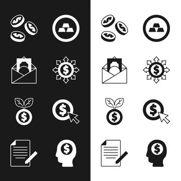 Set Dollar, share, network, Envelope with dollar symbol, Coin money, Gold bars イラスト素材