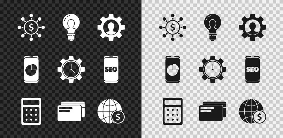 Set Dollar share network Light bulb with concept of idea Human gear inside Ca Stock Illustration