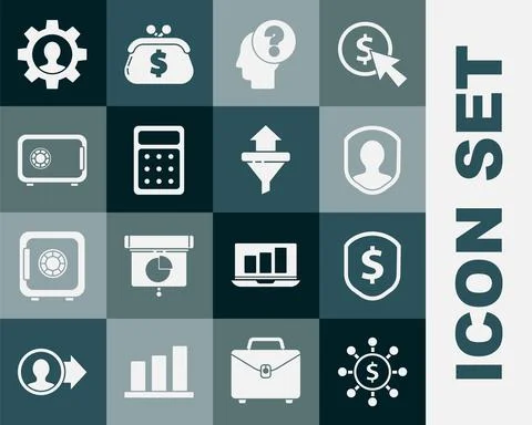 Set Dollar, share, network, Shield with dollar, User protection, Human head Stock Illustration