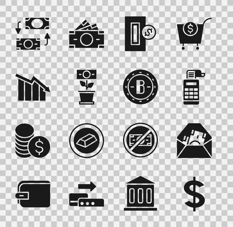 Set Dollar symbol, Envelope with dollar, Cash register machine, Inserting coin 스톡 일러스트