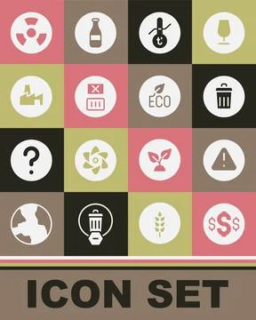 Set Dollar symbol, Exclamation mark in triangle, Trash can, Meteorology therm Ilustración de archivo