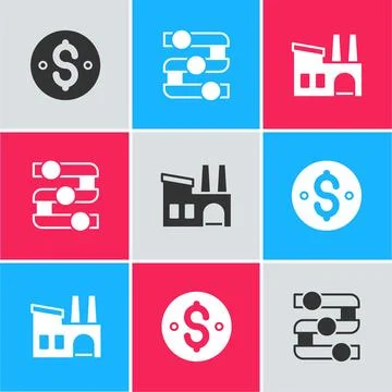 Set Dollar symbol, Graph, chart, diagram and Factory icon. Vector Stock Illustration
