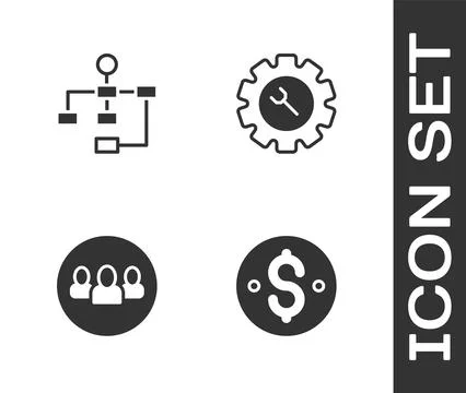 Set Dollar symbol, Hierarchy organogram chart, Project team base and Wrench.. Stock Illustration