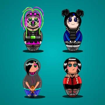A set of dolls of different subcultures. Emo, goth, rocker, cyber-goth. Illustrazione stock