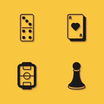 Set Domino, Chess pawn, Table football and Playing cards icon with long shado Stock Illustration