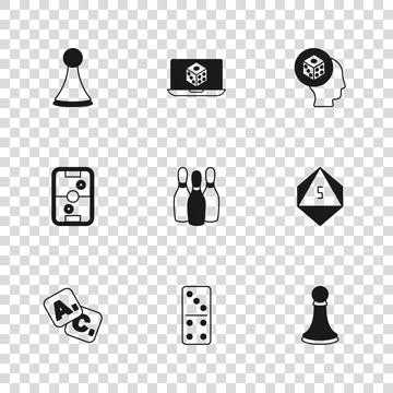 Set Domino, Game dice, Chess pawn, Bowling pin, Chip for board game,  and A.. Stock Illustration