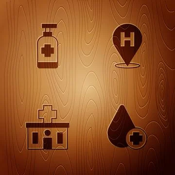 Set Donate drop blood, Antibacterial soap, Hospital building and Location h.. Stock Illustration