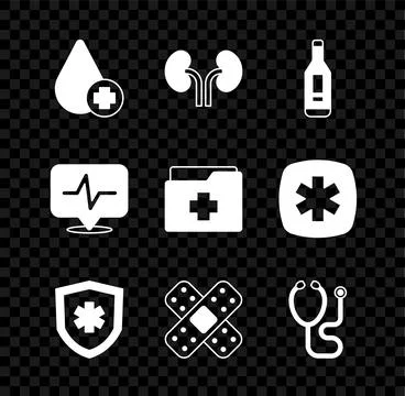 Set Donate drop blood, Human kidneys, Digital thermometer, Life insurance Ilustração Stock