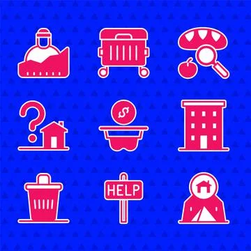 Set Donation money, Ask for help text, Tourist tent, Multi storey building Ilustración de archivo