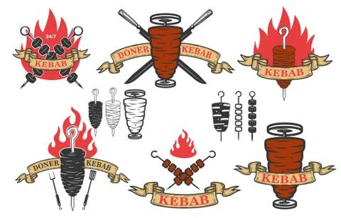 Set of doner kebab emblems.Design elements for logo, label, emblem, sign. Vec Stock Illustration