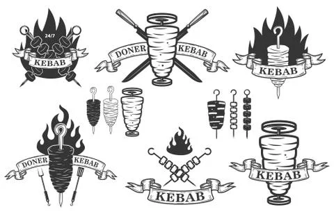 Set of doner kebab emblems.Design elements for logo, label, emblem, sign. Vec Stock Illustration