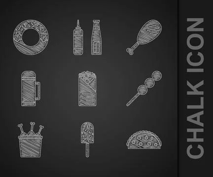 Set Doner kebab, Ice cream, Taco with tortilla, Meatballs wooden stick, Chi.. Illustrazione stock
