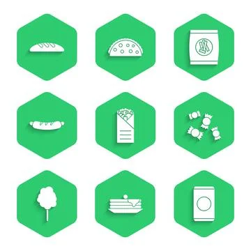 Set Doner kebab, Stack of pancakes, Soda can with straw, Candy, Cotton candy Stock Illustration